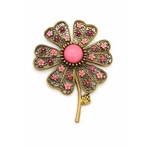 VINTAGE ART BROOCH Arthur Pepper Pink Enamel Flower Filigree Gold Tone 1960s
